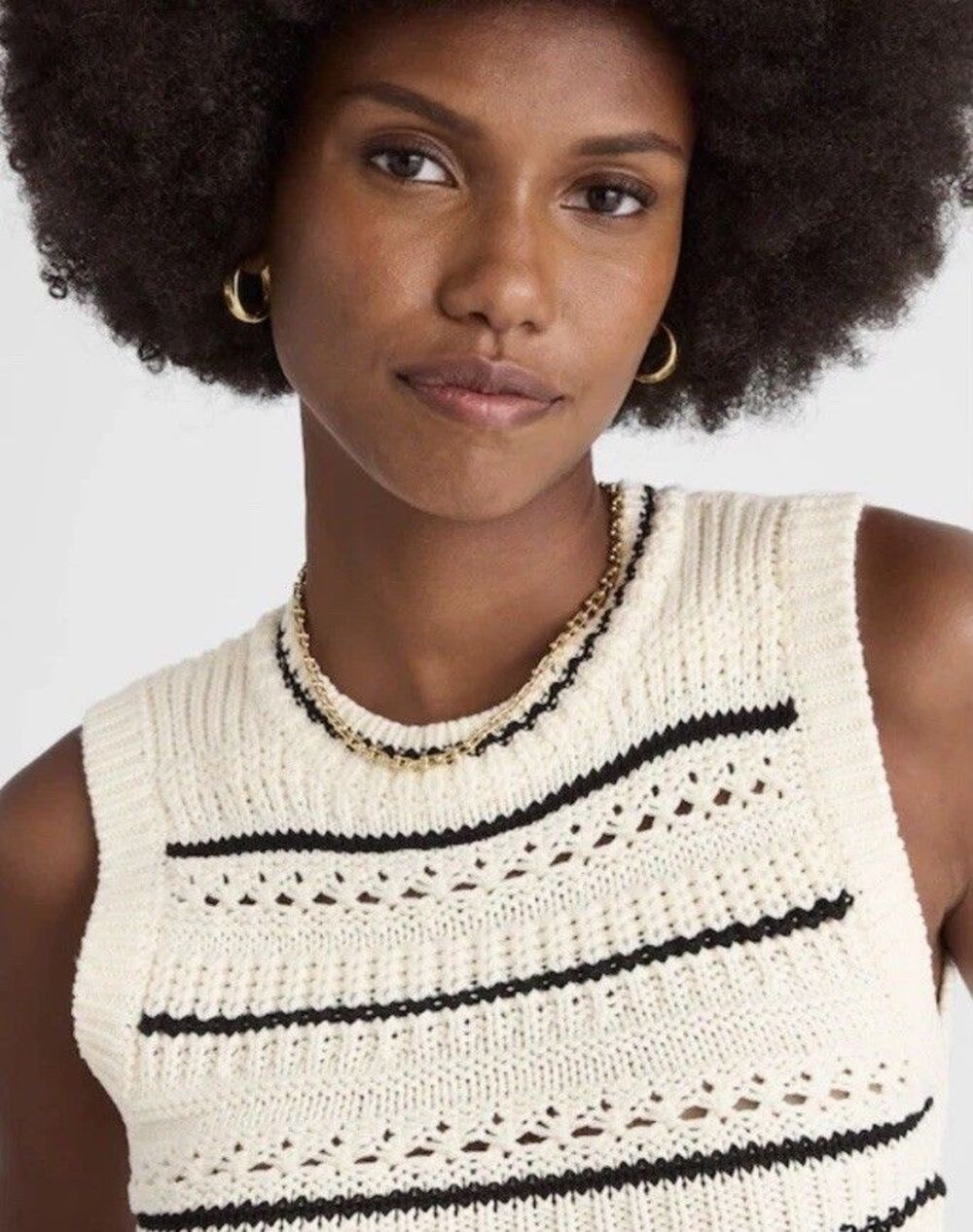 Madewell Cotton Sweater Vest Medium Cream Jet Black Mini Striped Knit Minimalist - Picture 10 of 11
